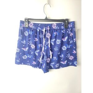 Girls Sleep Shorts Floral Butterfly Print Blue Elastic Waist Drawstring Pockets
